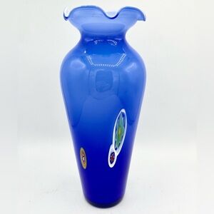 Lavorazione Art Murano? Blue Blown Glass Ruffled Millefiori Vase Italy EUC 8.25”